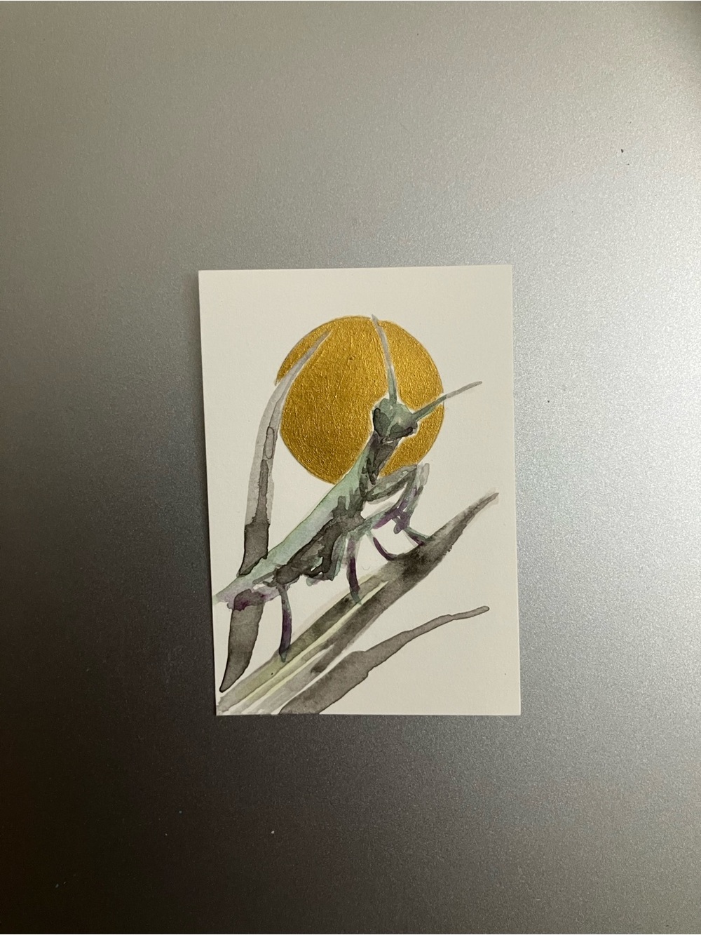Original praying mantis painting insect watercolor sumi-e ink art gold accents - Picture 2 of 4